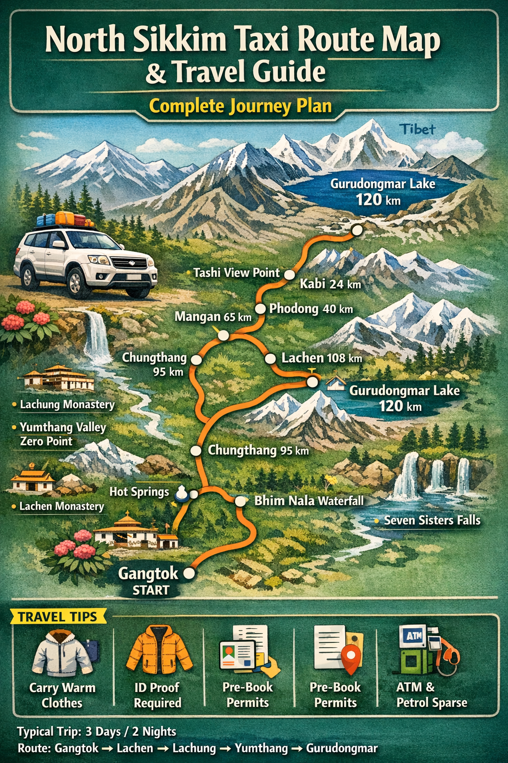 North Sikkim Taxi Route Map & Travel Guide | Complete Journey Plan
